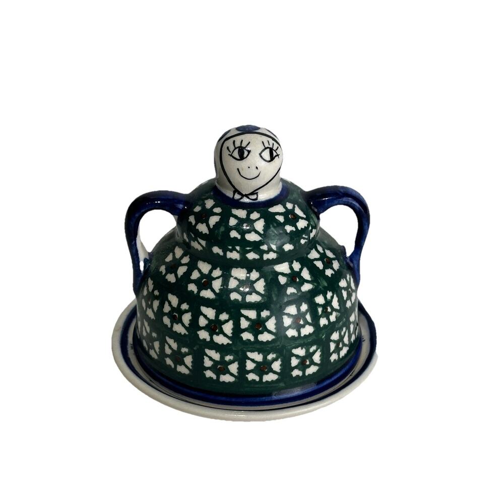 Vintage Boleslawiec Polish Pottery Mini Cheese Lady Butter Dish Plate Blue Green